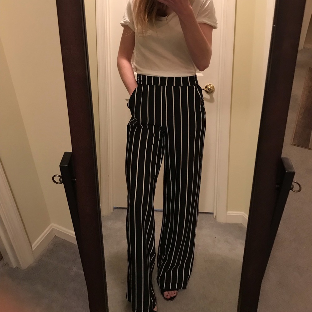 Black and white striped wide leg pants